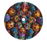 Colorful Sugar Skulls Printed Christmas Tree Skirt 36 inch, Double Layers Xmas Tree Skirts Base Floor Mat for Holiday Party Decoration Ornaments