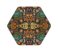 Colorful Sugar Skulls Printed Coasters Set of 4, Tabletop Protection Leather Coasters for Cup Drinks Coffee Pads Beer Bar Mat Gifts, Hexagon