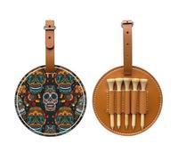 Colorful Sugar Skulls Printed Golf Tees Organizer Bag, PU Leather Golf Tee Pouch, Portable Tee Holder with Belt Clip, 5 Tee Slots, Golf Bag Accessory and Golf Gift Brown