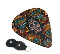 Colorful Sugar Skulls Printed Guitar Picks, 6 Pack with Leather Keychain Pick Holder - 0.46mm, 0.71mm, 0.96mm Assorted Thickness for Acoustic Ukulele, Electric Guitar, Acoustic Guitar, Bass