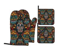 Colorful Sugar Skulls Printed Heat Resistant Oven Mitts and Pot Holder Set 4 PCS Kitchen Baking for Home Cooks and Bakers