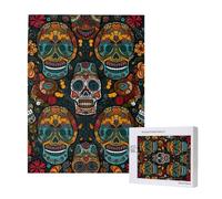 Colorful Sugar Skulls Printed Jigsaw Puzzle with Storage Box, Wooden Puzzle for Adults and Kids, 500 Pieces Family Fun Decorative Game, 38x52 CM