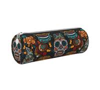 Colorful Sugar Skulls Printed Leather Pencil Case Cute Stationery Organizer Round Makeup Bag Pen Pouch, Silver Zipper