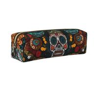 Colorful Sugar Skulls Printed Leather Pencil Case Cute Stationery Organizer Simple Makeup Bag Pen Pouch, Gold Zipper
