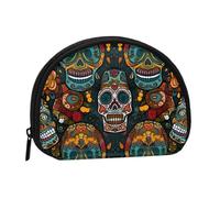 Colorful Sugar Skulls Printed Mini Coin Pouch, Shell Shape Zip Around Wallet, Small Zipper Pouch for Cash, Cards, Keys, Lipstick, Storage Pouch, Travel Organizer