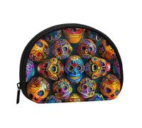 Colorful Sugar Skulls Printed Mini Shell-Shaped Coin Purse Zipper Pouch Change Holder Wallet For Men Women