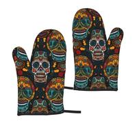 Colorful Sugar Skulls Printed Oven Mitts 2-Piece Set - Heat Resistant Oven Gloves for Kitchen & Outdoor Cooking Baking