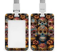 Colorful Sugar Skulls Sliding Id Badge Holder with Clear Window Vertical Card Protector Detachable Lanyard Hard Plastic Waterproof Cards Holder for Nurse Teacher Passes