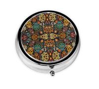 Colorful Sugar Skulls This Small, Round, Three-Compartment Travel Pill Box is Perfect for Storing Daily medications, Vitamins, and on-The-go.
