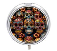 Colorful Sugar Skulls Travel Pill Box Case 3 Compartment Cute Pill Organizer Metal Pill Holder with Mirror Small Medicine Organizer Daily Pill Container for Purse Pocket Portable Meds Box