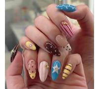 Colorful Summer Press on Nails, Polka Dot Star Stripe Short Almond Fake Nails, Multicolor Glue On Nails, Reusable Full Cover Stick On Nails for Women