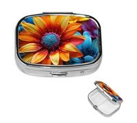 Colorful Sunflower Pill Box 2 Compartment Square Portable Pill Case for Pocket or Purse Small Weekly Medicine Planner Travel Pillbox with Mirror Decorative Metal Vitamin Holder Gifts