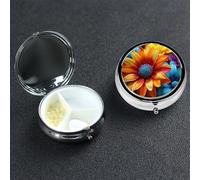 Colorful Sunflower Pill Box 3 Compartment Round Portable Pill Case for Pocket or Purse Small Weekly Medicine Planner Travel Pillbox with Mirror Decorative Metal Vitamin Holder Gifts