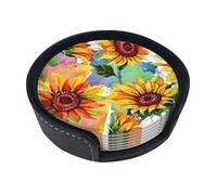 Colorful Sunflower,Set of 6 Round Coasters, Pu Leather Drinks Coasters with Holder for Home Office Kitchen