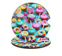 Colorful Sweet Lollipop Cupcake Donut Car Cup Holder Coasters 2-Pack Absorbent Wood & Cork Coasters for Car Cup Holders, Festive Car Accessories for Women & Men