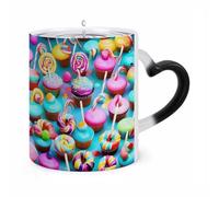 Colorful Sweet Lollipop Cupcake Donut Color Changing Mug Heat Changing Coffee Mugs Funny Magic Cup Heat Sensitive Travel Mug Novelty Coffee Cups Personalized Customized Gift Idea for Men & Women 11 Oz