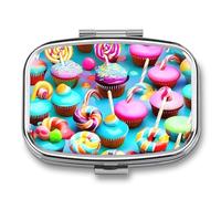 Colorful Sweet Lollipop Cupcake Donut Pill Box - 2 Compartment Travel Pill Organizer with Small Mirror, Portable Pillcase for Pocket & Purse, Cute Square Medicine Case, Weekly Medicine Container