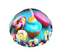 Colorful Sweet Lollipop Cupcake Donut Print Lightweight Shower Cap for Women and Men Reusable hat Soft hat and Bath Hair Cap