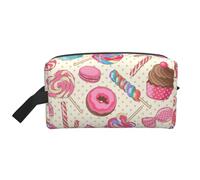Colorful Sweet Lollipop Cupcake Donut Printed Double Sided Storage Bag, Large Makeup Pouch with Black Lining for Travel and Home