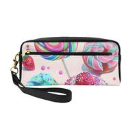 Colorful Sweet Lollipop Cupcake Donut Printed Leather Makeup Bags with Wrist Strap Portable Travel Toiletry Bag Cosmetic Organizer Bag for Women