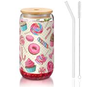 Colorful Sweet Lollipop Cupcake Donut Printing Cute Drinking Glasses with Glass Straw 16 Ounce for Beer Iced Coffee Whiskey Gift