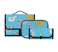 Colorful Swimming Rings with Flamingo Unicorn Giraffe Zebra on Blue 3 PCs Set Toiletry bags, 1 Women's Travel Cosmetic Bag, 1 Hanging Toiletry Wash Bag, 1 Brush Case, Portable Makeup Storage Case