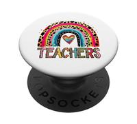 Colorful Teachers Rainbow Heart Leopard Design PopSockets Adhesive PopGrip