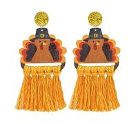 Colorful Thanksgiving Tassel Earrings Cute Pumpkin Turkey Maple Leaf Braided Tassel Earrings Handmade Thanksgiving Wooden Tassel Dangle Earrings Fall Harvest Season Thanksgiving Jewelry Gifts, Wood