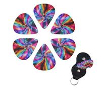 Colorful Tie Dye Guitar Picks 6 Pack, 0.46mm Thickness Celluloid Bass Pick with Leather Guitar Pick Holder Keychain Abstract Art Pics Plectrum for Acoustic Electric Guitar, Ukulele, Bass