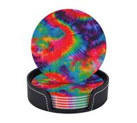 Colorful Tie Dye pattern Round Drink Coasters Set of 6 with Holder, Circular Table Mats for Home Kitchen Office Decor