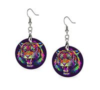 Colorful Tiger Face with Mouth Open and Teeth Log Wood Big Dangle Round Lightweight Earrings Copper Plated White k Earring