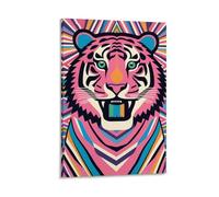 Colorful Tiger Pop Art Wall Print Bold Psychedelic Jungle Animal Poster for Living Room Dorm Or Office Vibrant Striped Tiger Head Home Décor Gift 20x30inch Frame