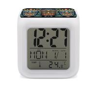 Colorful Tiki Mask Pattern Alarm Clocks LED Digital Clock with 7 Colors Changing 3" Cube Wake Up Clock with Temperature Snooze Silent Night Light Battery Operated Beside Lamp for Bedroom Decor