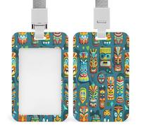 Colorful Tiki Mask Pattern Badge Holder Waterproof Plastic ID Card Badge Holders with Lanyard Vertical Card Case Protector Pouch Clear Window Work Badges for Women Men