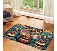 Colorful Tiki Mask Pattern Dog Food Mats for Floors, 12x18 Inch Non-Slip Super Absorbent Pet Food Mat, Dishwasher Dog Mat for Food and Water, Cute Rubber Quick Dry Pet Feeding Mat for Dogs Puppy Cats