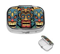 Colorful Tiki mask Pattern Pill Case with Mirror Retro 2 Compartment Pill Box Small Pill Organizer for Purse or Pocket Decorative Metal Medicine Vitamin Organizer Unique Gifts