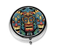 Colorful Tiki mask Pattern Pill Case with Mirror Retro 3 Compartment Pill Box Small Pill Organizer for Purse or Pocket Decorative Metal Medicine Vitamin Organizer Unique Gifts