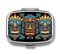 Colorful Tiki Mask Pattern pilldispenser 2-Compartment Portable Travel Square PillCase Daily with Store Vitamins Pocket Medicine Organizer for Office Home Fish Oil
