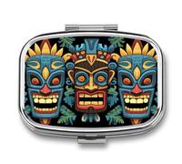 Colorful Tiki Mask Pattern pilldispenser with Mirror 2 Compartments Waterproof PillCase for Purse Pocket Non-Slip Grip Travel Medicine Organizer Container Box for Vitamin Fish Oil Supplement