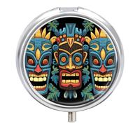 Colorful Tiki Mask Pattern Round Pill Box 3 Compartment Small Pill Box Round Portable Pill Case to Hold Vitamins Medication Fish Oil and Supplements Travel Purse Pocket Gift