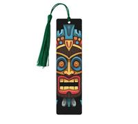Colorful Tiki Mask Pattern Wooden Bookmarks 5pcs with Dark Green Tassels Handmade Double-Sided Printed Book Marks Page Markers Book Accessories Gift for Book Lovers Women Men