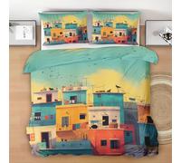 Colorful Town Duvet Cover Superking, Abstract Geometry Bedding Set, Soft Microfiber Reversible 3 Piece with 2 Pillowcases, Breathable Hypoallergenic Quilt Cover 260x220 cm With Zipper Closure H150n