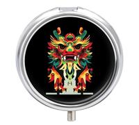 Colorful Traditional Chinese Dragon Pill Box Cute Metal Round Pill Case with 3 Compartments and Mirror for Vitamin Fish Oils