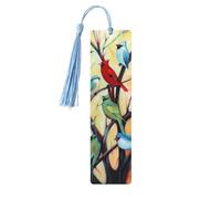 Colorful Tree Birds Double-Sided Print Colorful Tree Birds Bookmarks Wooden Book Marks with Sky Blue Tassel, Autumn Fall Lightweight Page Markers Book Lovers Gifts