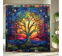 Colorful Tree of Life Shower Curtain, Vibrant Stained Glass Design for Bathroom Decor, Artistic Seasonal Turquoise Blue Rustic Nature Fabric Shower Curtain Set with Hooks 62x72 Inch