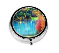 Colorful Trees Lake River Pond Print Mini Metal Pill Box 2.0x2.0x0.7 in Round Travel Medicine Pill Organizer Box for Purse Pocket