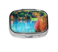 Colorful Trees Lake River Pond Print Pill Box 2 Compartment Medicine Pill Case,Portable for Pocket Or Purse Pill Box Decorative Metal Medicine Organizer