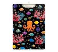 Colorful Tropical Fish Coral Black Clipboard Acrylic Cute Clip Board Paperboard Chic Design Clipboards, A4 Letter Size 12.5 x 9 Inches Silver Clip, Silver12x9in