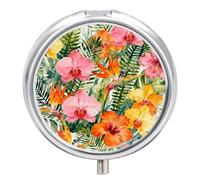 Colorful Tropical Flowers Pill Box, 3 Compartment Small Pill Case, Metal Round Portable Storage Box Stores Vitamins, Medicines, Fish Oil and Supplements