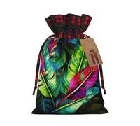 Colorful Tropical Leaf Christmas Drawstring Linen Gift Bag Paired With Scottish Plaid Fabric, With A Delicate And Simple Texture